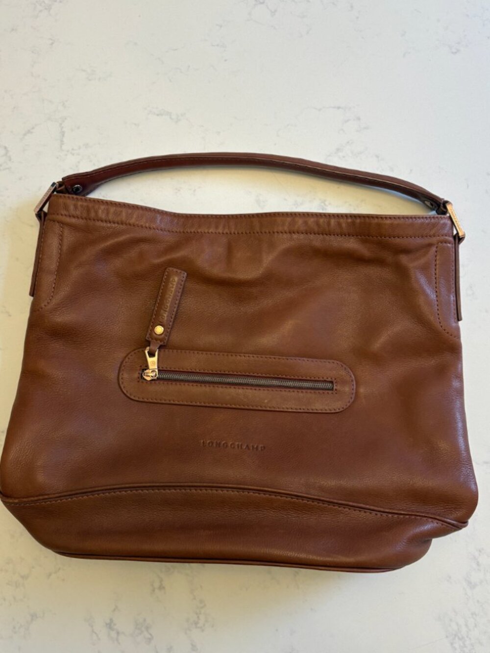 Longchamp Cognac Brown Pebbled Leather Hobo Shoulder Bag
